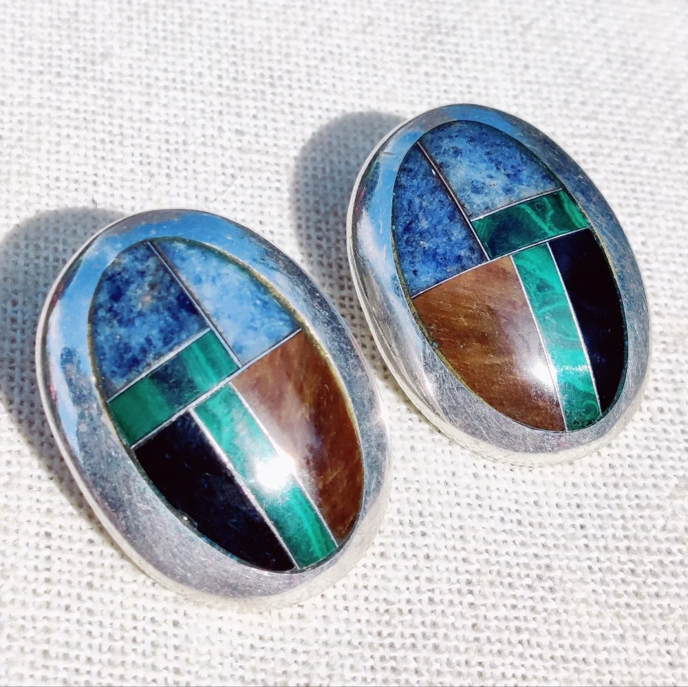 Vintage heavy 950 fine silver Mosaic taxco signed stone earrings - Picture 12 of 15